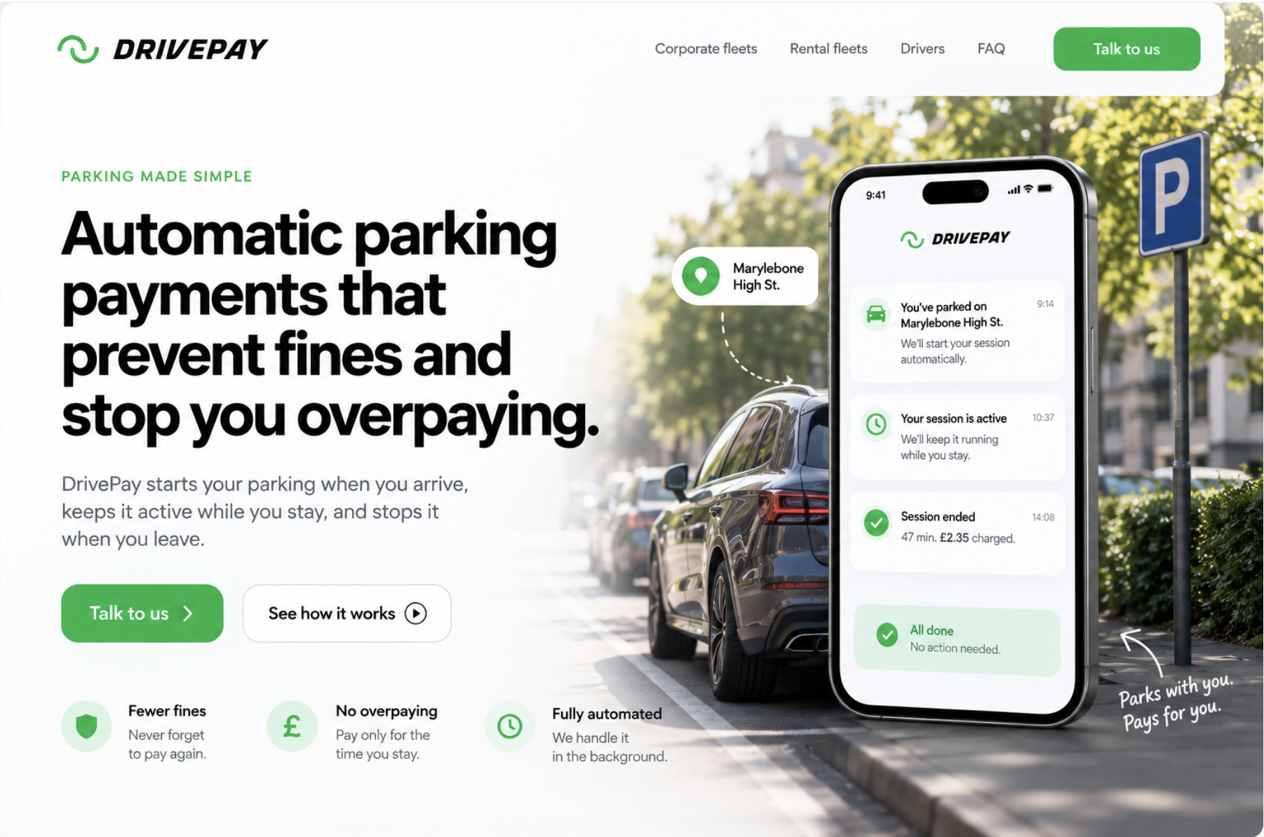 DrivePay phone showing parking starting automatically, an active session, and a completed payment beside a parked car.